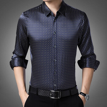 新款春秋季爸爸装高端真丝衬衫男长袖桑蚕丝潮流商务休闲印花衬衣上