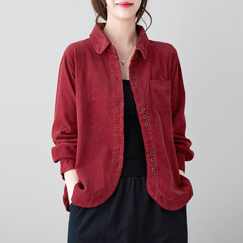 澳颜莱秋天女士灯芯绒外套女翻领短款宽松夹克上衣春秋季新款衬衫短小