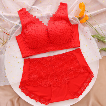 浪莎本命年文胸红色内衣套装女结婚小胸聚拢厚无钢圈四排扣罩属虎年
