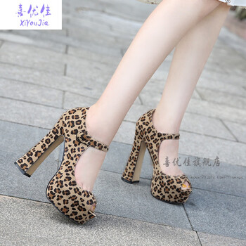 男士高跟鞋14cm黑色绒面扣带鱼嘴大码粗跟cd伪娘反串超高跟女凉鞋