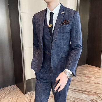 男士气质工作正装男式潮流单西男生外衣大学生蓝色格单件西服上衣2xl