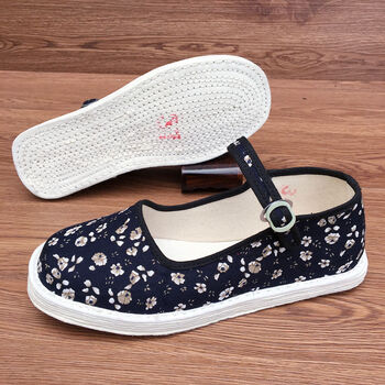 一字扣带千层底布鞋女士透气防臭方口布底鞋 扣带复古碎花(纯布底) 37