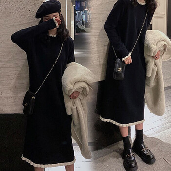 【连衣裙女秋冬款】女装秋冬韩版宽松女装潮流外穿木耳边连衣裙搭配 黑色 L