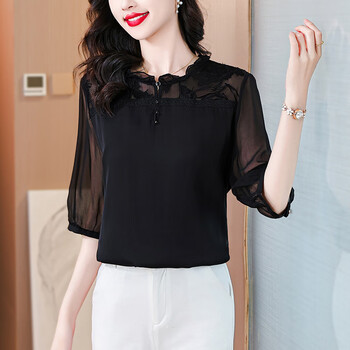 皮尔卡丹夏装黑色短袖雪纺衬衫女夏季2024新款女士衬衣洋气显瘦上衣