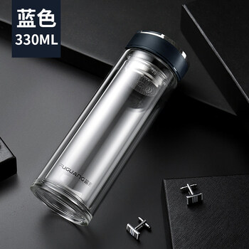 富光玻璃杯双层隔热男水晶防摔耐热水杯透明家用泡茶杯子定制蓝色330