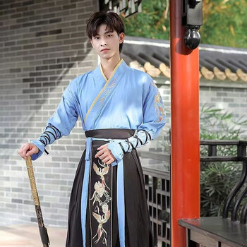 千趣韵汉服男古装男中国风情侣款武侠仙气帅气唐装 蓝黑 xl