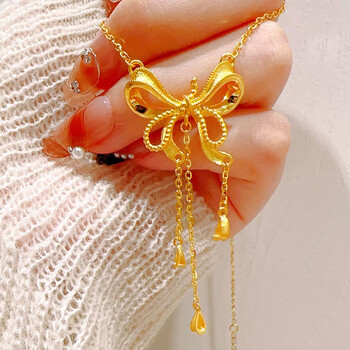 光煌黄金蝴蝶结项链女999足金在逃公主流苏锁骨套链结黄金蝴蝶结项链