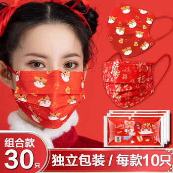 璞韵（PUYUN）2022新年风虎年口罩中国红成人儿童口罩同款新春口罩福气满满小老虎年喜庆定制口罩 虎年3款各10只（共30只）