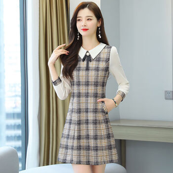 肯昔矮个子针织衫连衣裙小个子假两件春秋女装2023年新款女格子连衣裙