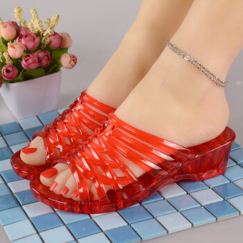 防滑水晶硬底塑料厚底中跟坡跟凉拖红色下单袜子36偏小一码下单袜子