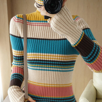 春秋新款彩色条纹女堆堆领毛衣外穿百搭针织衫长袖高领打底杏色彩条s