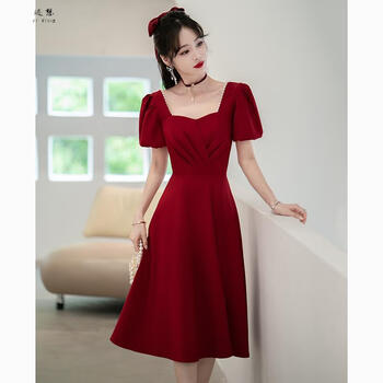 迹想敬酒服新娘小礼服女夏回门红色法式订婚连衣裙平时可穿酒红色xs