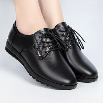 全牛皮品牌鞋牛皮软底女单鞋休闲系带女鞋大码妈妈鞋低跟皮鞋黑色单里