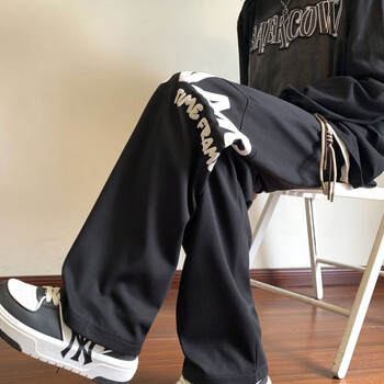 OEMG美式hiphop休闲裤子男春秋季设计感直筒裤潮流运动百搭阔腿卫式裤 黑色 2XL [建议140-160斤]