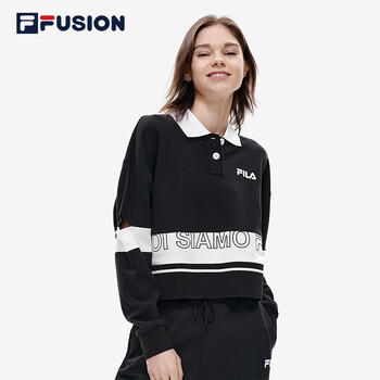filafusion斐乐潮牌女子长袖polo2022夏运动半衫翻领薄款上衣女深黑