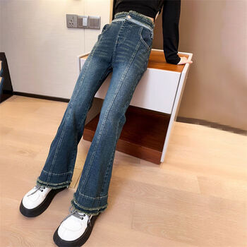 莱登狗女童春秋裤子适合516岁女孩穿的新款洋气复古微喇叭牛仔拖地裤