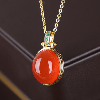 时尚精致红色宝石项链 原矿老料 金镶南红吊坠(加银链)