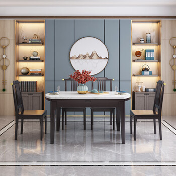 优辉 新中式实木餐桌椅组合大理石方圆两用餐桌饭桌现代简约小户型套