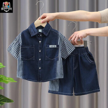 泰迪主题男童夏装短袖牛仔套装新款洋气宝宝夏季衣服儿童帅气衬衫两件