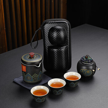 旅行茶具套装便携式户外旅游泡茶露营装备小 雅黑快客杯六件套-收纳包