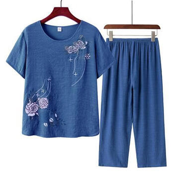 冠巷五六十岁老人家穿的衣服秋春女装中t恤夏季仿棉麻装两4号花型蓝色