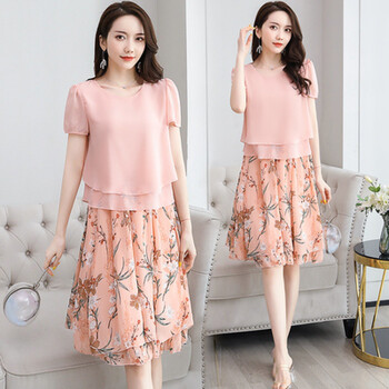 套裙两件高档夏天短袖雪纺连衣裙女夏季2022新款宽松遮肚时尚套装a字