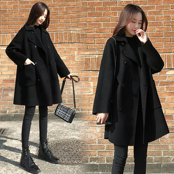 lede新款加棉加厚毛呢大衣女黑色呢子双面羊绒中长款冬季韩版宽松小