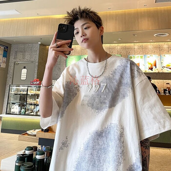 沁蓝格特大码300斤重磅棉质半袖t恤男装夏季潮牌扎染刺绣宽松短袖上