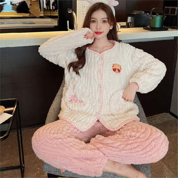 睡衣女冬季新款长毛绒提花开衫套装韩版宽松甜美可爱法兰绒家居服粉色