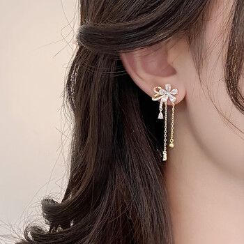 周宝福耳坠女气质高级感2024长款流苏皓石花朵纯银耳钉耳环新款耳饰长