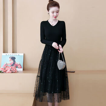 【女装新款】女装秋冬季简约针织裙子松紧腰打底拼接网纱连衣裙V领T恤 黑色【S1】 L 【95-110斤】