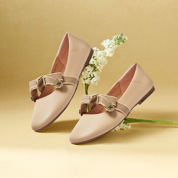 百思图basto春夏款商场同款时髦优雅牛皮蝴蝶结玛丽珍平底女单鞋浅棕