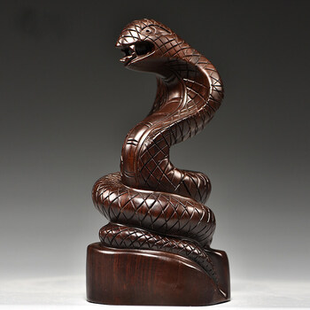 华禧顿 木雕蛇摆件三合十二生肖木头蛇眼镜蛇家居客厅装饰红木工艺品 