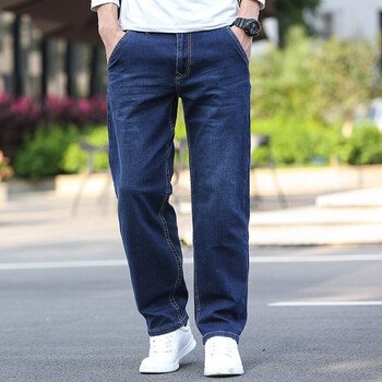 宽松直筒韩版潮流加肥加大薄弹力休闲裤高端百搭长裤子深蓝色322尺5