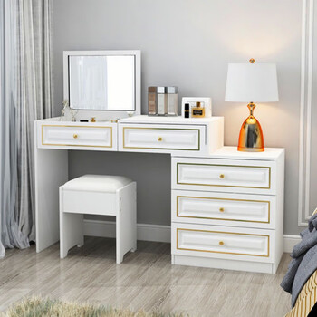 趣鹿梳妆台简约现代卧室化妆镜实木桌子化妆台白色烤漆收纳盒化妆桌凳