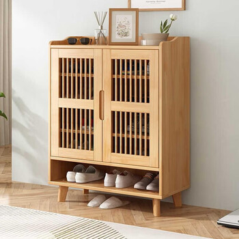 安尔雅实木鞋柜家用门口橡胶木多层鞋架玄关收纳柜两门无抽原木色两门