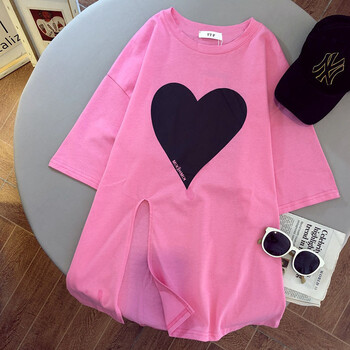 女童短袖t恤2021韩版爱心印花开叉宽松中大童洋气夏装半袖上衣亮粉色