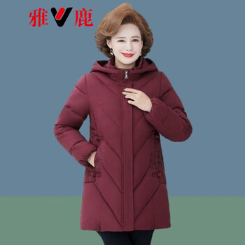 雅鹿中老年羽绒服女新款棉袄毛领女装加厚时尚棉衣外套深红色xl