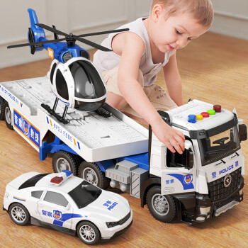 宝乐星儿童玩具男孩警车惯性运输工程拖车带直升飞机玩具生日礼物