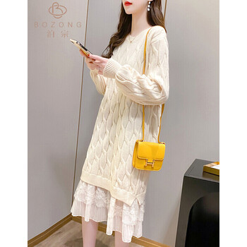 恒源祥秋冬连衣裙2021秋季新款女装韩系中长款宽松针织衫打底裙洋气减龄麻花毛衣外穿百搭毛衣裙 白色 均码