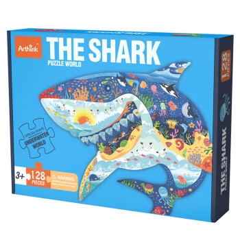 卡通创意儿童拼图玩具7-10岁大块纸质恐龙动物礼盒装拼图儿童礼物 128片鲨鱼
