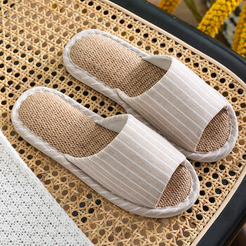 情侣木地板防滑柔底棉麻布拖鞋男266简约米黄36至37适合35至36的脚穿