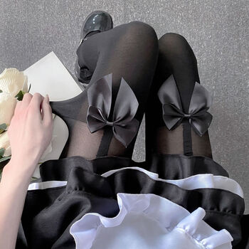 禾佳成洛丽塔蝴蝶结拼接夏季高筒黑丝袜女薄款美腿显瘦性感辣妹蝴蝶结