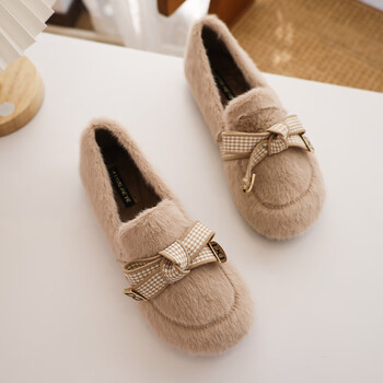 名品天成仙女风毛毛鞋2022秋冬新款复古小香风蝴蝶结加绒保暖女士豆豆