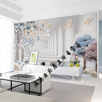 电视背景墙壁纸现代3d立体壁画客厅装饰墙布大气北欧墙纸浮雕麋鹿无缝