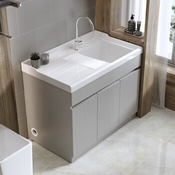 藤兴不锈钢洗衣柜阳台柜家用洗衣岩石台盆一体浴室柜带搓板洗衣机伴侣