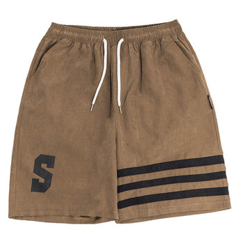 cuwu美式复古拼接条纹休闲短裤高街ine潮牌宽松嘻哈夏季五分裤 棕色 m