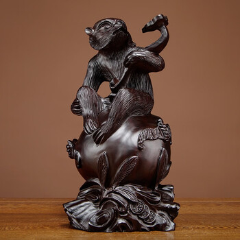 浣彩黑檀木雕猴子摆件生肖猴雕刻工艺品家居客厅装饰实木动物摆设送礼