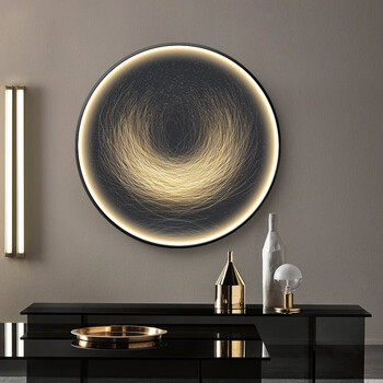 轻奢玄关装饰画led灯带画抽象简约客厅入户走廊过道挂画圆进门画众袖