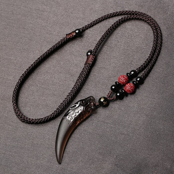 恋千萱冰种黑曜石狼牙吊坠男女士龙年本命年项链性霸气挂件水晶饰品礼物 冰种大号狼牙+朱砂咖啡绳